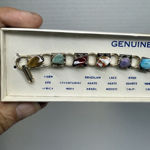 Vintage Metal Panel Link Bracelet With Genuine Natural Stone Nuggets New - Picture 2 of 6